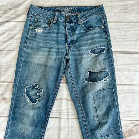 American Eagle Tomgirl Distressed Patchwork Straight leg Jeans grunge skater 6 - Picture 2 of 14